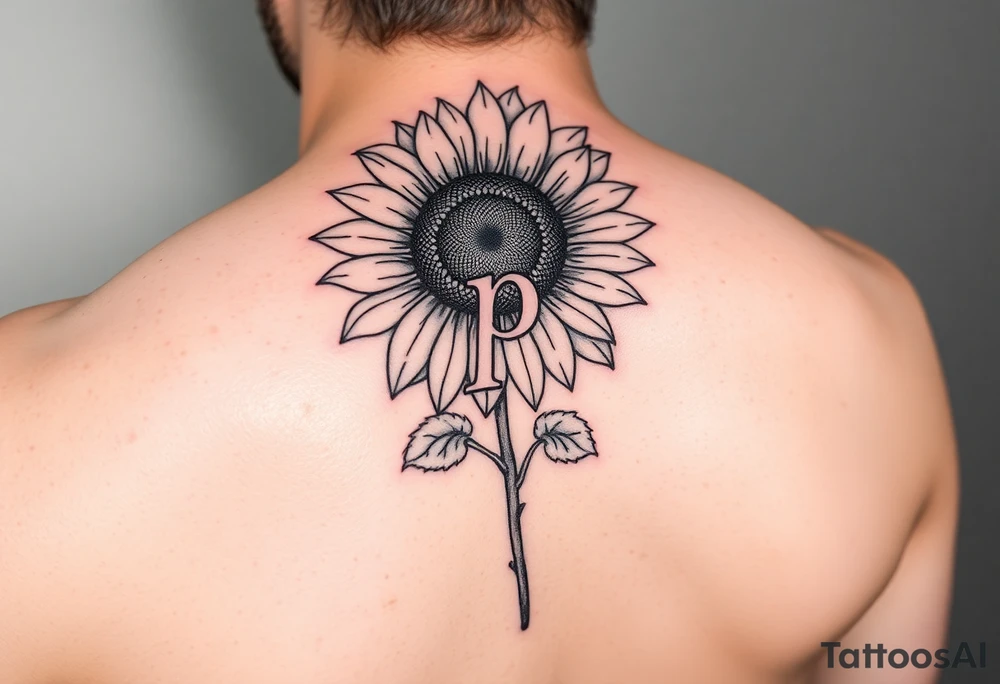 Sunflower with the letter p hidden in the stem, small thin line tattoo idea
