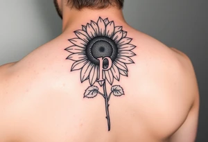 Sunflower with the letter p hidden in the stem, small thin line tattoo idea