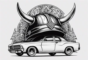 Viking hat on roof of car tattoo idea