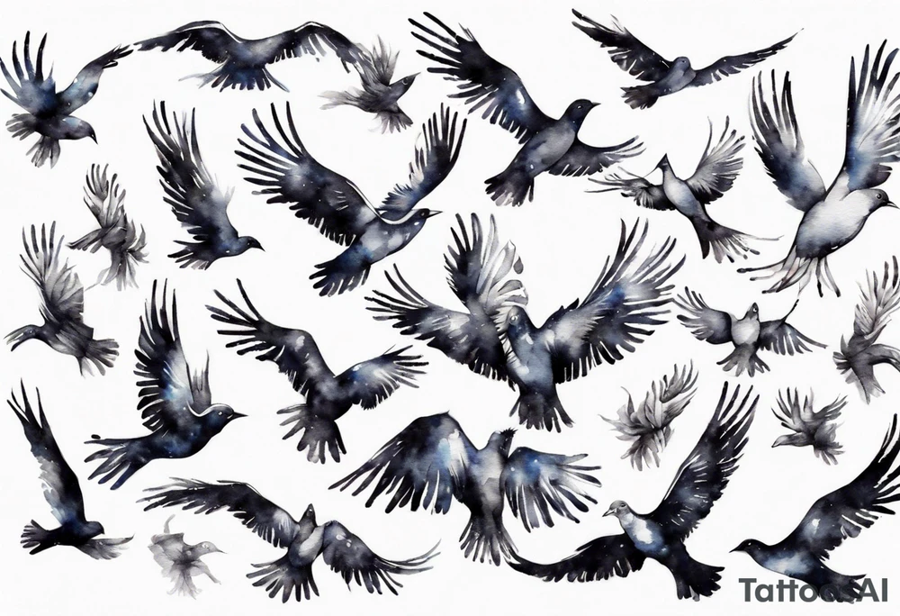 a flock of birds flying into the distance leaving feathers behind tattoo idea