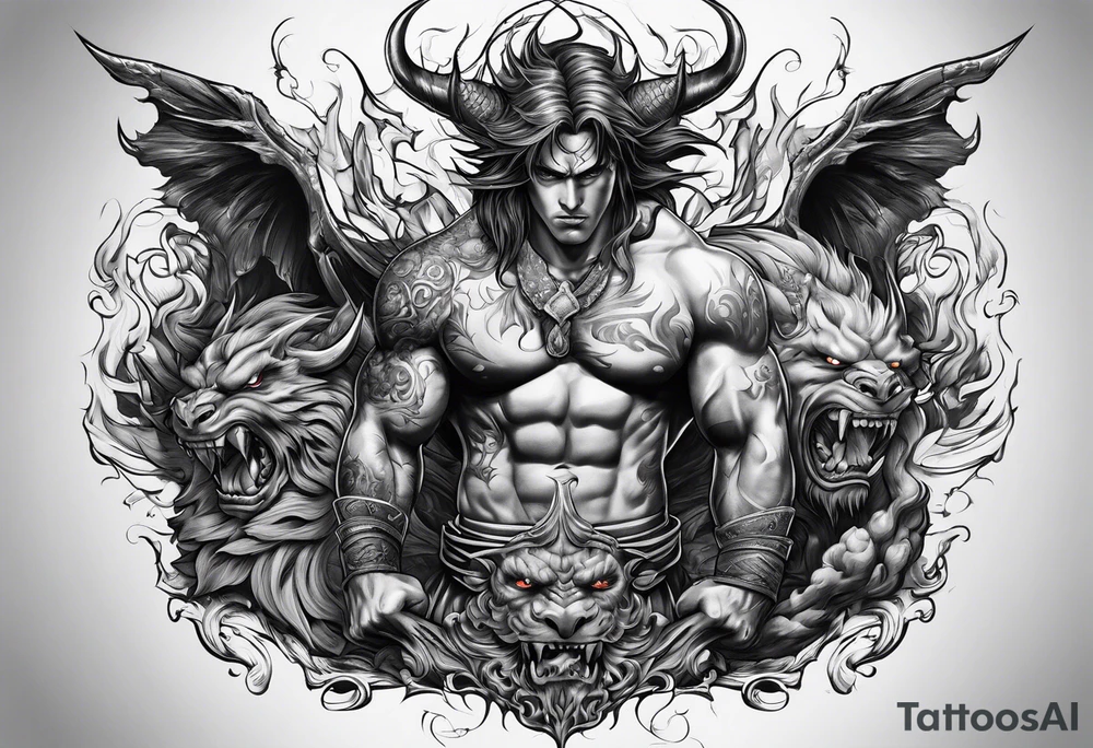 man fighting  demons tattoo idea