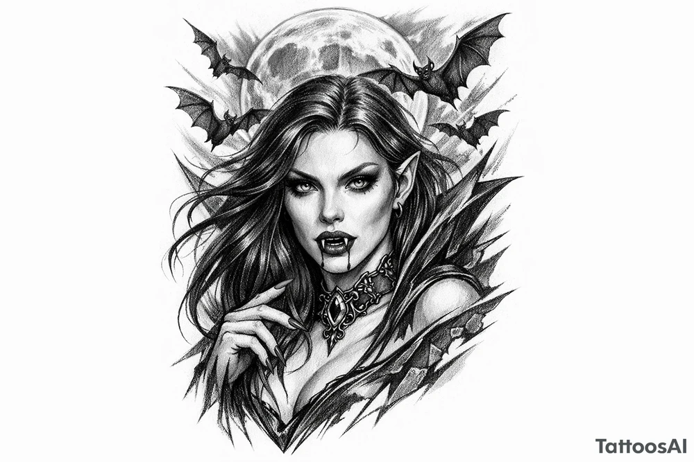 female vampire,bats,moon. tattoo idea
