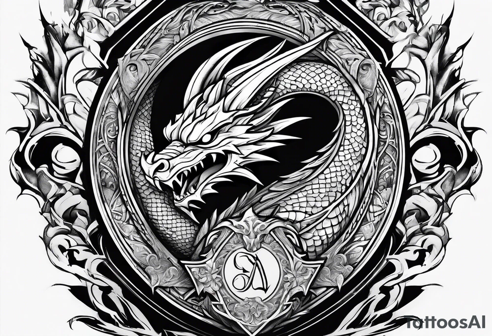 Valhalla word sword shield dragon axe tattoo idea