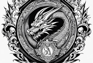 Valhalla word sword shield dragon axe tattoo idea