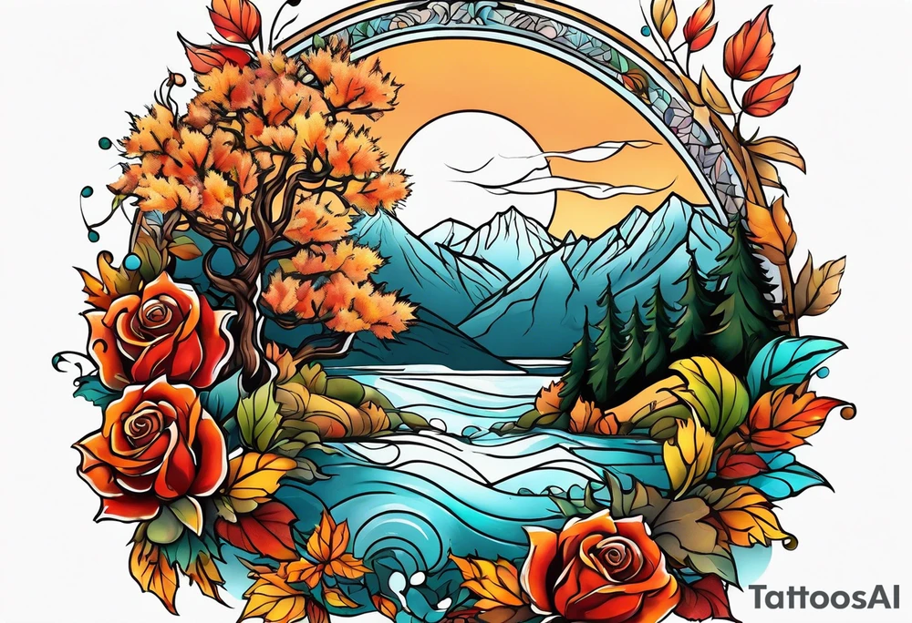 thigh tattoo with fall colors showing leaves, flowers, roses, water flow, mountains and sky tattoo idea