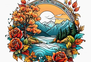 thigh tattoo with fall colors showing leaves, flowers, roses, water flow, mountains and sky tattoo idea
