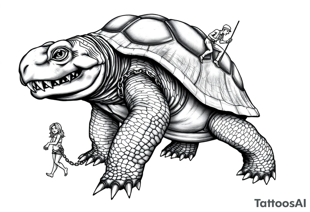 A giant walking 2 slaves on a chain leashan angry turtle with huge teeth with a little man riding on his back tattoo idea