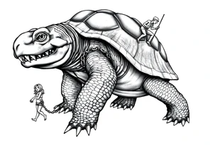 A giant walking 2 slaves on a chain leashan angry turtle with huge teeth with a little man riding on his back tattoo idea