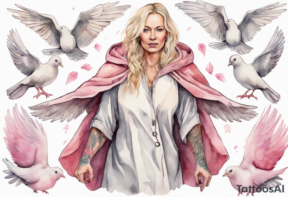a 45-year-old Norse woman with blonde  hair wearing a white and pink cloak surrounded by doves tattoo idea