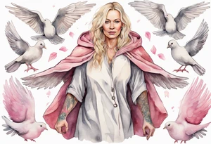 a 45-year-old Norse woman with blonde  hair wearing a white and pink cloak surrounded by doves tattoo idea