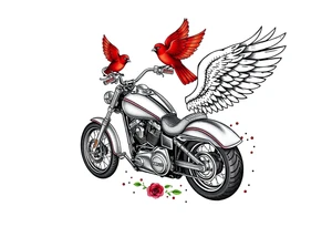 Harley grey motorcycle driving away, two red birds flying, roses, flames, angel wings tattoo idea