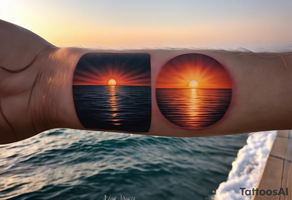 This is an extremely simple and minimalistic tattoo on male forearm. The tattoo is very wide on the forearm and not tall or round. From the perspective of being on the ocean, Water is calm, with no waves in sight, the sun is setting behind the ocean, reflecting light onto the ocean. tattoo idea