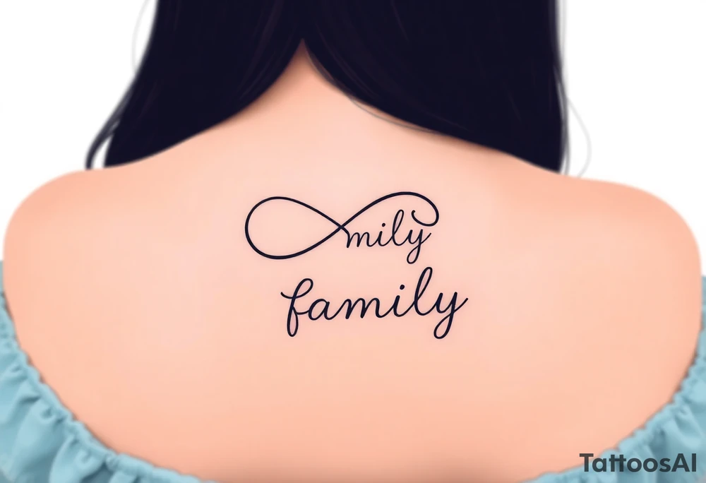 A flowing infinity symbol intertwined with the word "family" written in elegant cursive, symbolizing endless love and connection tattoo idea