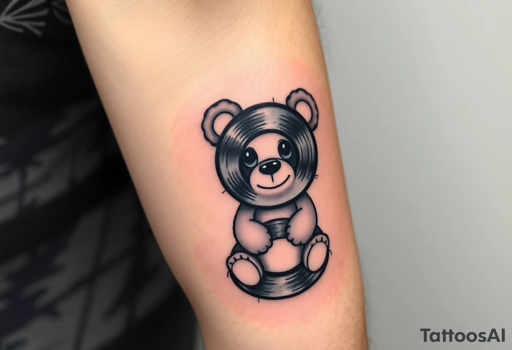 minimalist teddy bear with vinyl records as eyes smiling and sitting on a record tattoo idea