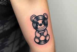 minimalist teddy bear with vinyl records as eyes smiling and sitting on a record tattoo idea