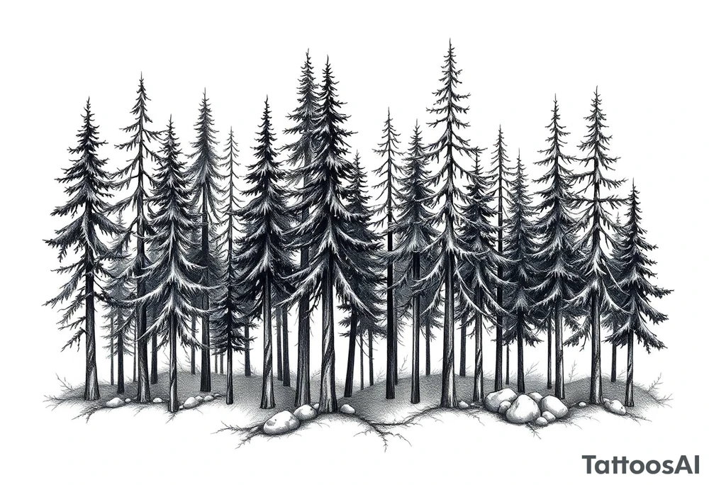 Needle forest with black and gray trees tattoo idea