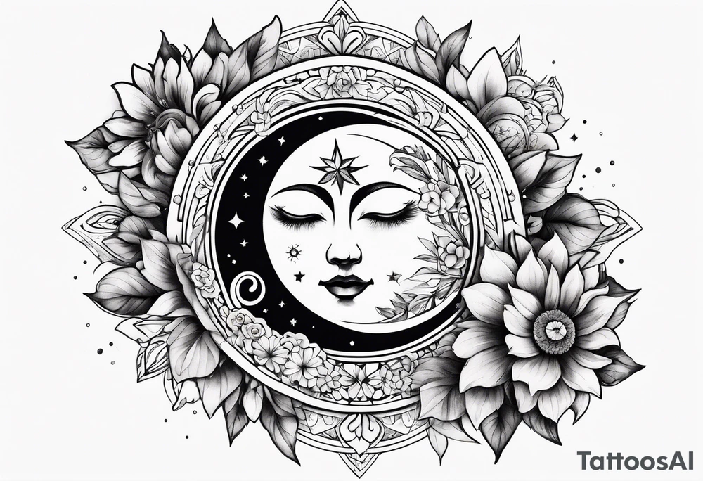 Floral sun and moon tattoo idea