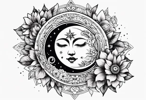 Floral sun and moon tattoo idea