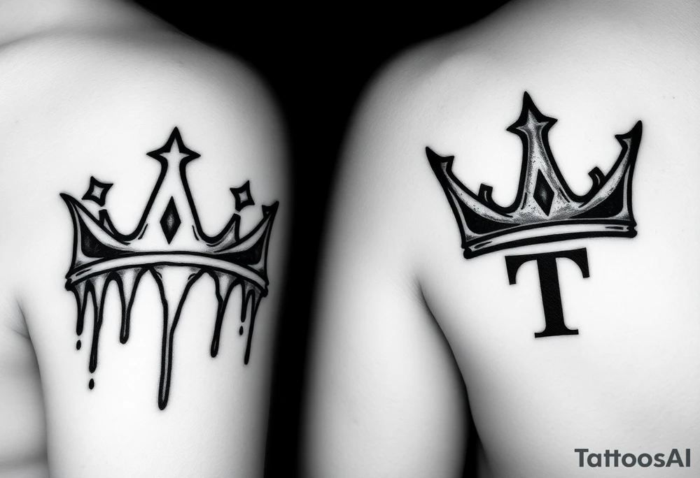 Matching/ connecting tattoos:

Your Tattoo (Queen): A graffiti-style crown, perhaps dripping or with sharp, geometric edges. Hidden in the drips of the graffiti could be a very stylized, almost-unreadable 'J'.
His Tattoo (King): A bold, graphic crown with a worn, distressed look. Instead of a traditional crown, it could be a simple, impactful graphic reminiscent of a spray-painted tag. A hidden 'T' could be integrated into the shadow or detail.
Connecting Element: Both tattoos use the same unique "urban" style, such as blackwork, trash polka, or gritty black and gray realism. The crowns can be placed on opposite arms so they face each other when you hold hands. tattoo idea