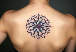 A symmetrical Flower of Life with hexagonal crystal and geometrical details in round cyrcle, enhancing its sacred geometric nature. tattoo idea