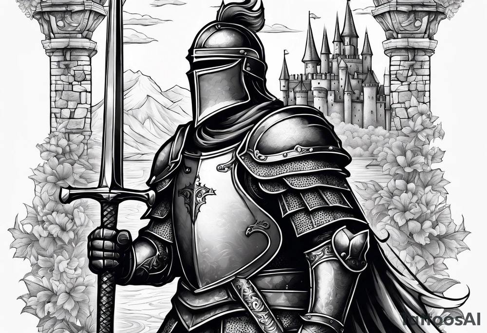 knight with heavy armor  and castle tattoo idea