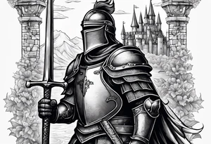 knight with heavy armor  and castle tattoo idea