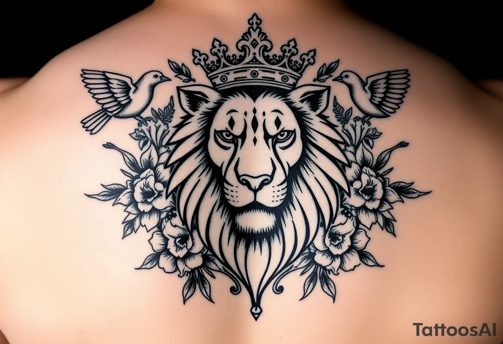 powerful majestic lion with a crown, surrounded by floral ornaments and birds tattoo idea