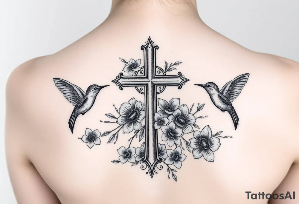 cross surrounded by hummingbirds and flowers tattoo idea