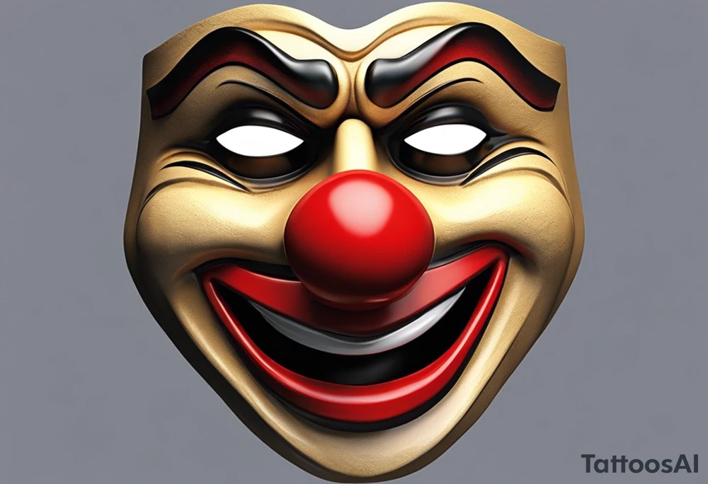Comedy mask characterized by an exaggerated, happy expression has a smiling face with an upturned mouth, rounded eyes, and a clown nose. Tragedy mask has a somber and serious expression features a downturned mouth, furrowed brows, and deep-set, intense eyes with clone nose tattoo idea