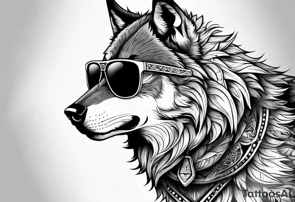 Badass wolf wearing sunglasses tattoo idea