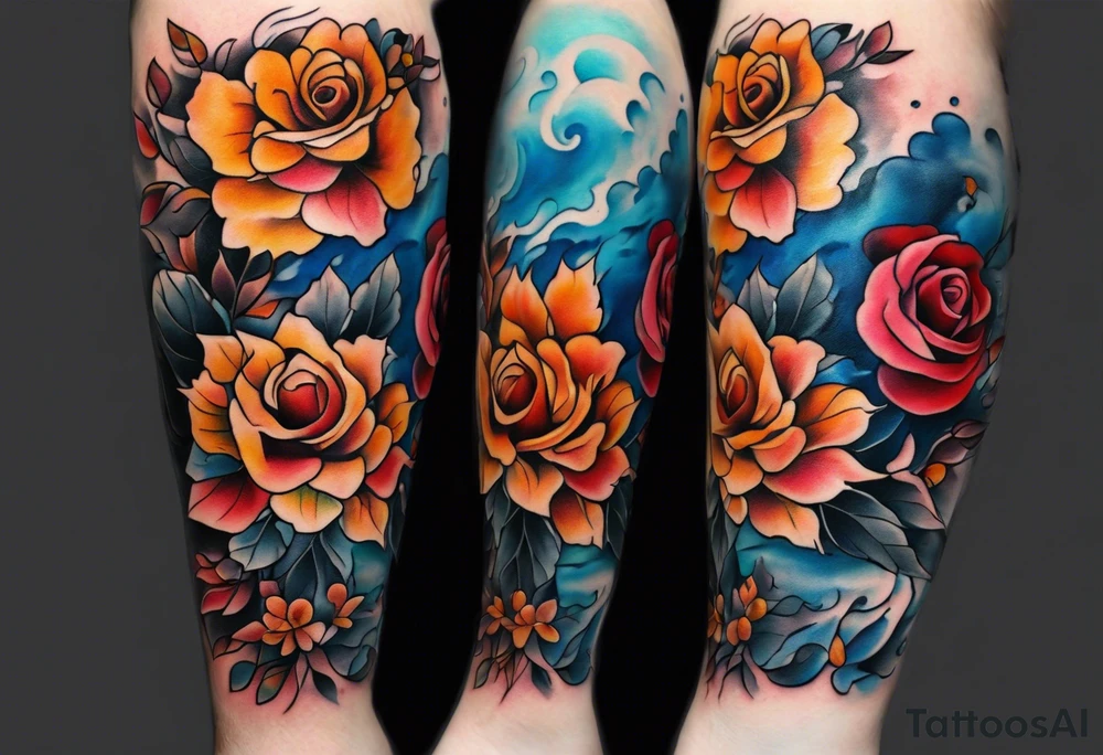 Front knee tattoo with fall colors, small flowers, rose, leaves, blue water flows with washes and background tattoo idea