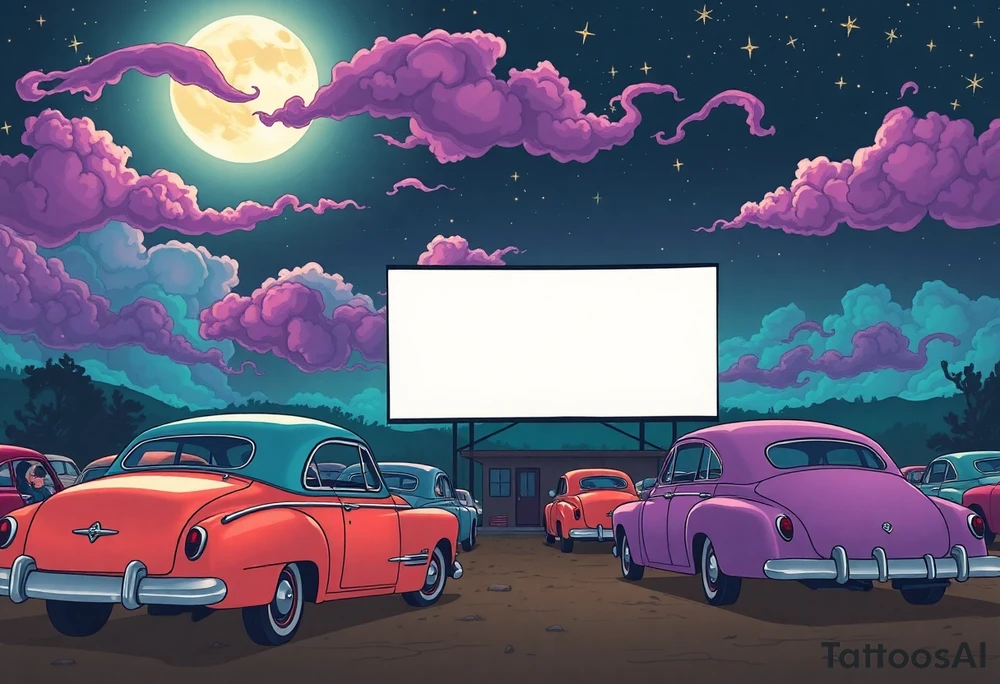 Tim Burton’s 40s drive in movie from outside view has lots of cute pastel vintage cars and couples watching the movie and dripping with muted reds, dusty pinks, and eerie green glow purple and cyan smokey clouds swirl and dance in the moonlit night sky filled with twinkling stars  tattoo idea tattoo idea