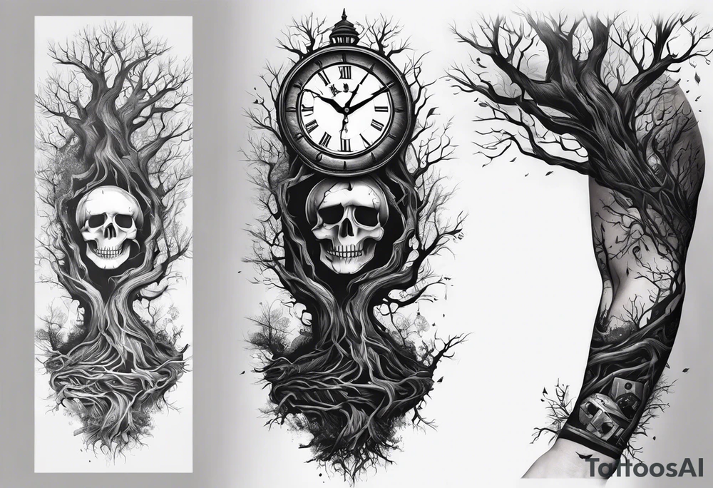 tattoo sleeve, tree roots break out of the chains at the bottom of the hand, Symbolizing loss, an image of a broken mask, Clock with flying numbers, tattoo idea