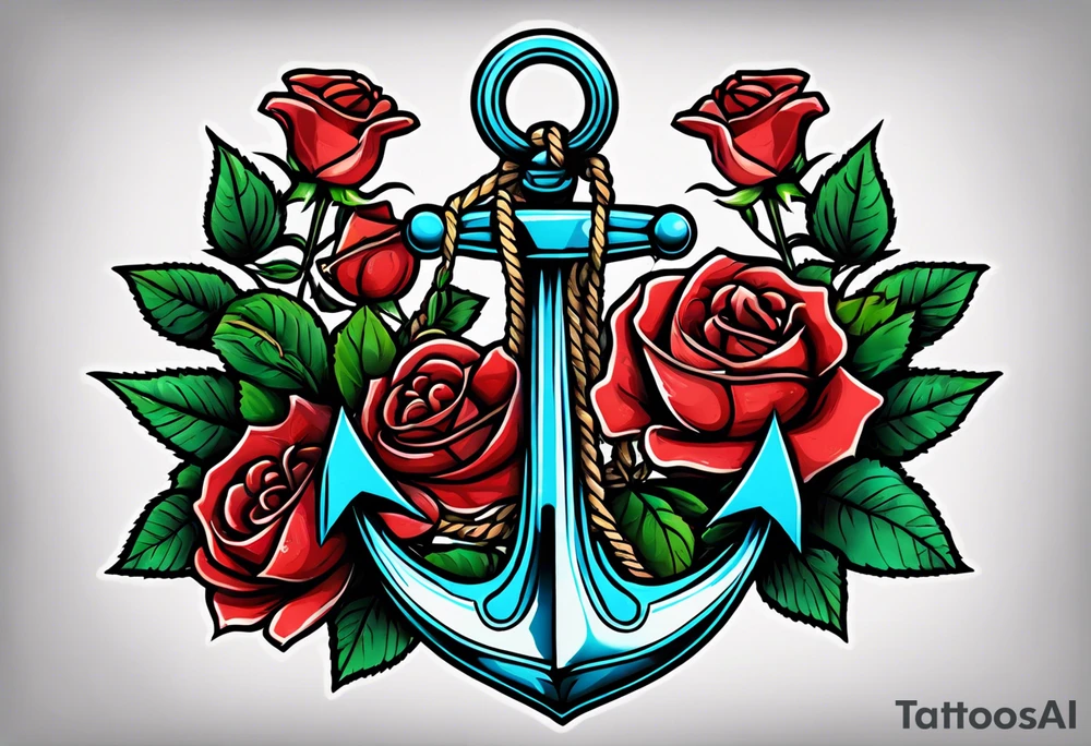 old school anchor sitting at an angle 
with rope 
and banner across anchor and old school roses tattoo idea