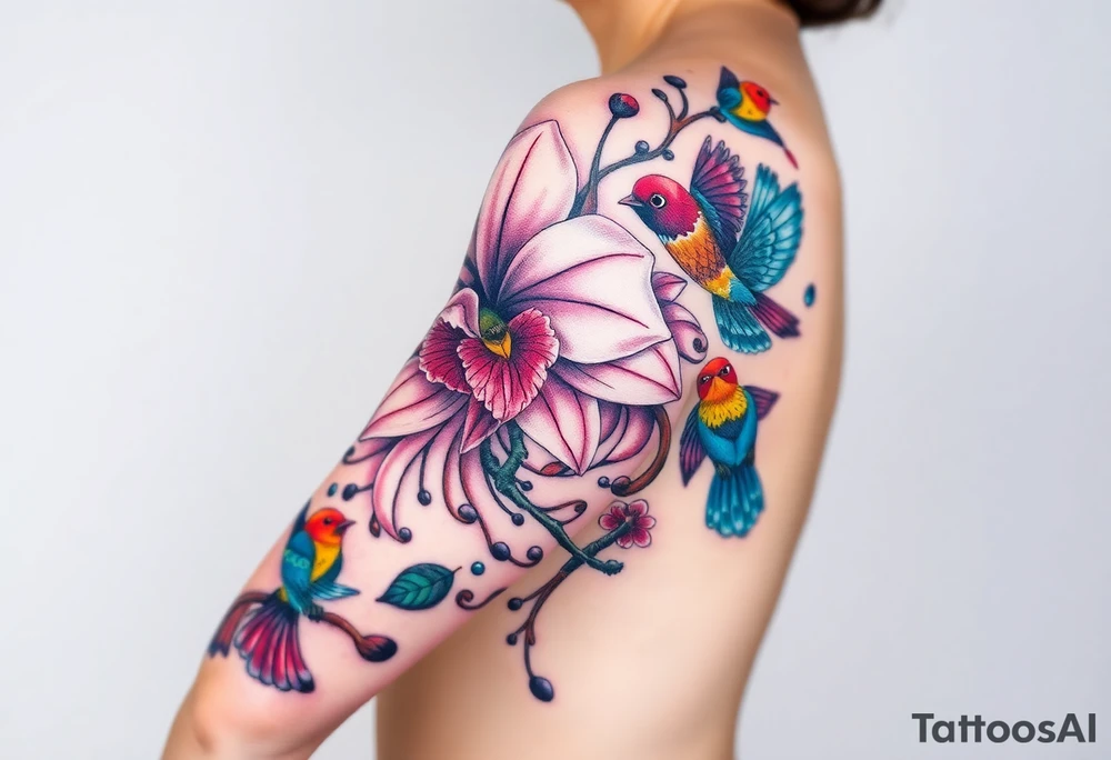 orchid flower ,  Coi fish and colorful birds tattoo idea