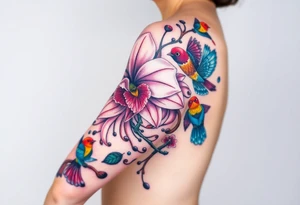 orchid flower ,  Coi fish and colorful birds tattoo idea