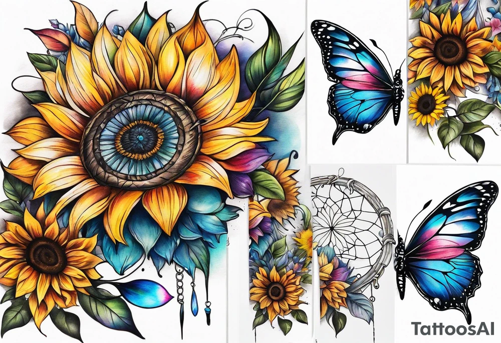 Quarter Leg sleeve with dreamcatcher, rainbow sunflowers and one butterfly tattoo idea