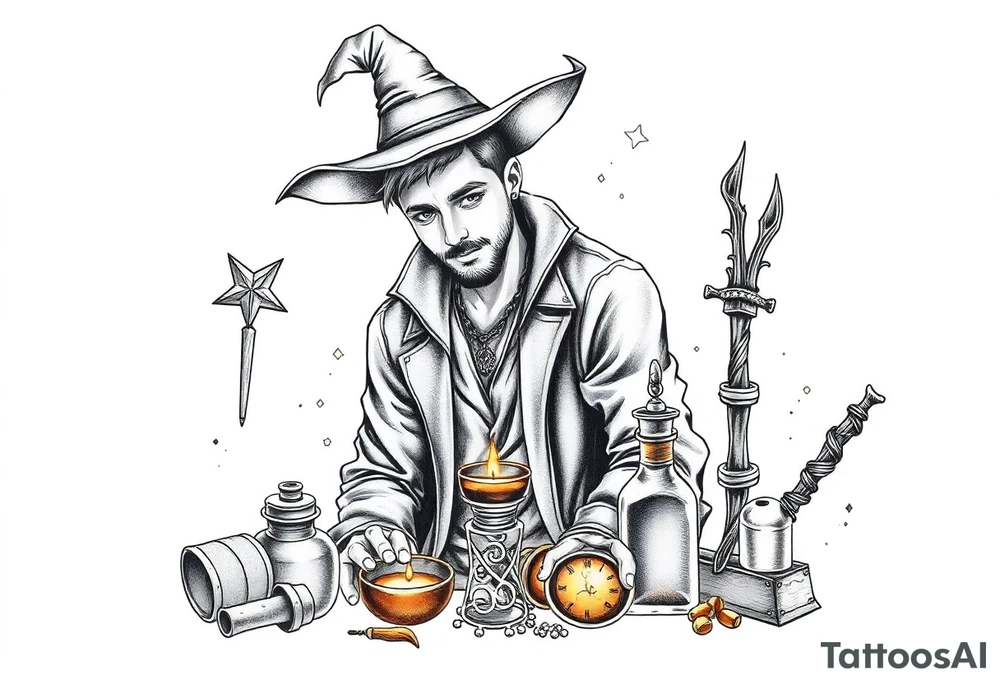 Handsome young adult guy is  accidentally stumbled upon witch tools, supplies, artifacts, potions tattoo idea