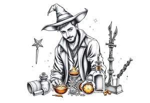 Handsome young adult guy is  accidentally stumbled upon witch tools, supplies, artifacts, potions tattoo idea