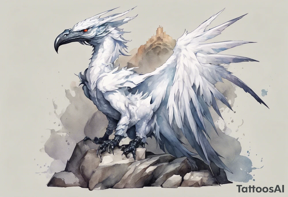 a white bird-wyvern hybrid wearing a plain iron diadem, perched on a stone throne tattoo idea