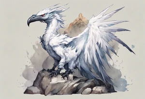 a white bird-wyvern hybrid wearing a plain iron diadem, perched on a stone throne tattoo idea
