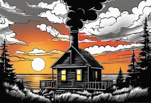 cabin chimney smoke says "Hutting Est. 2004" friends sunset tattoo idea