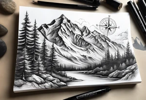 mountains half sleeve with compass tattoo idea