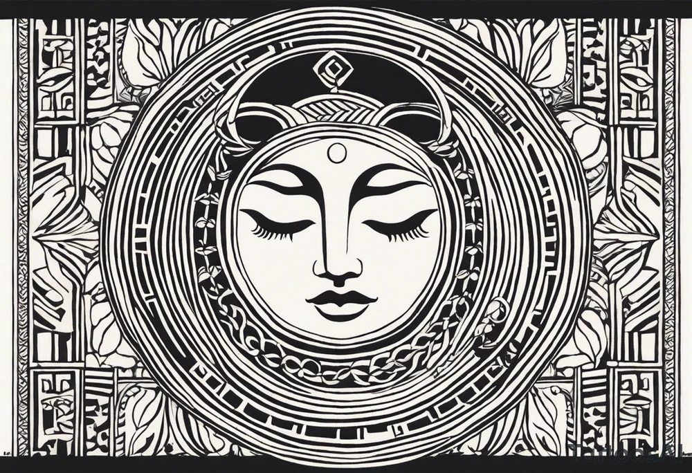 "Craft a minimalist round tattoo inspired by ancient Greek art, featuring Clio, the muse of history and lyre-playing. Design a circular composition with Clio depicted in the center, holding a scroll. Surround her with simple yet symbolic elements such as laurel wreaths, scrolls, or geometric patterns reminiscent of ancient Greek pottery. Ensure the design maintains a minimalist style, with clean lines and limited detail, while capturing the essence of Clio's affinity for knowledge and the arts within the circular frame." tattoo idea