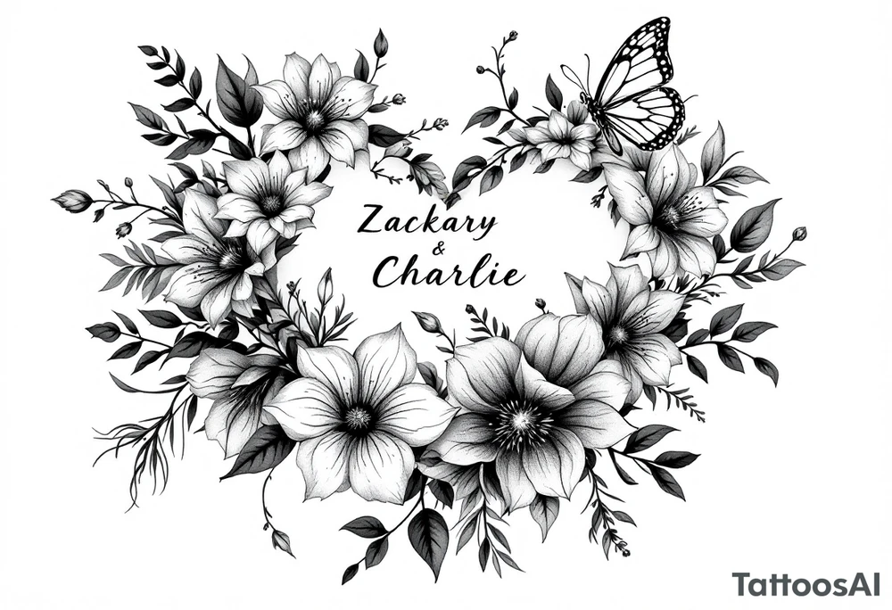 flowers, heart and butterfly with name Zackary and Charlie tattoo idea