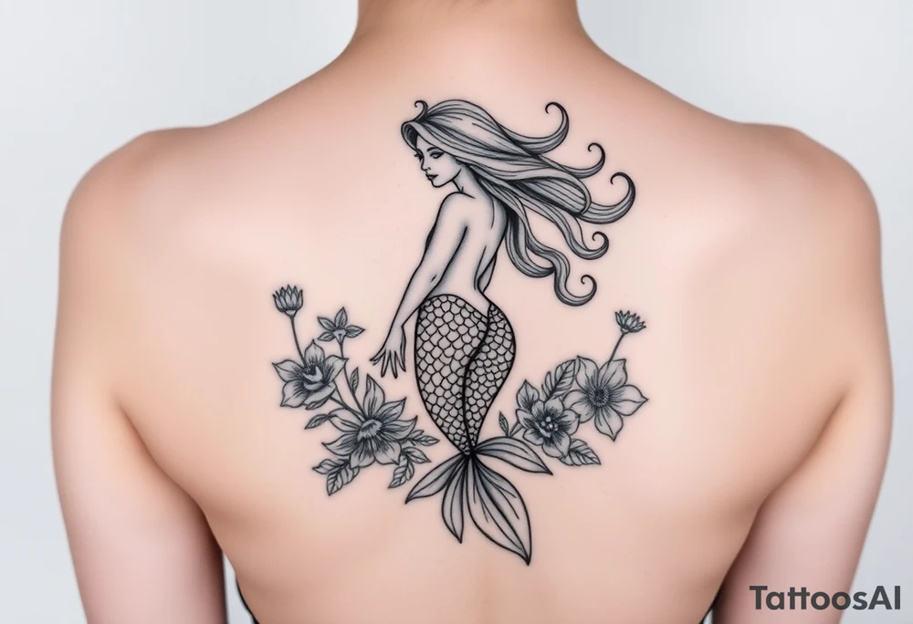 ethereal mermaid with flowing hair among coral and sea flowers tattoo idea