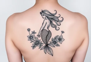 ethereal mermaid with flowing hair among coral and sea flowers tattoo idea
