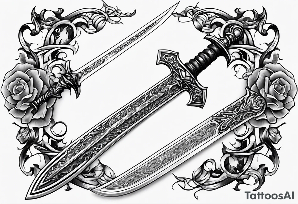 Fantasy sword thin delicate gem tattoo idea