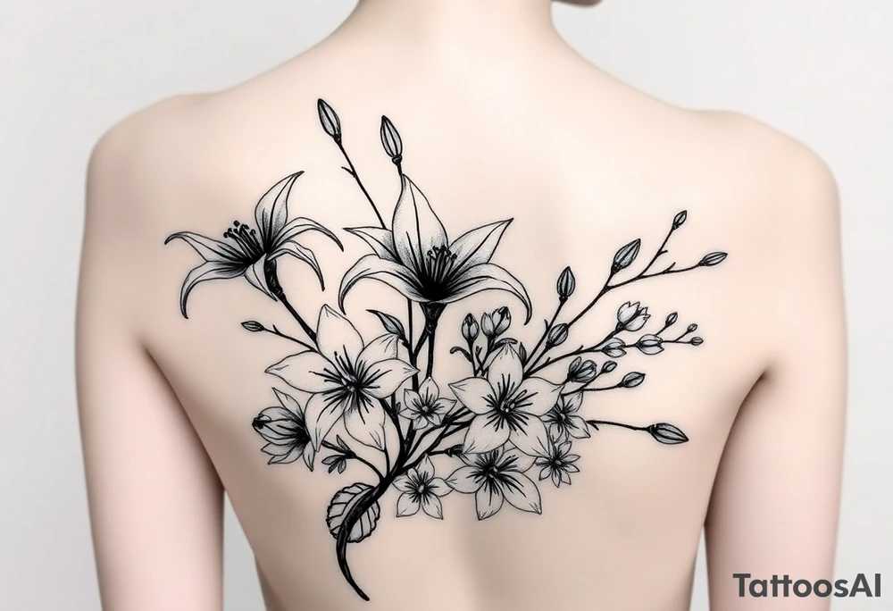 spider lily plants with cherry blossoms in a floral wrap on the arm tattoo idea