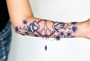 peace symbol, dog prints, Pisces symbol, intertwined with violets, amethyst, initials csb in cursive font tattoo idea